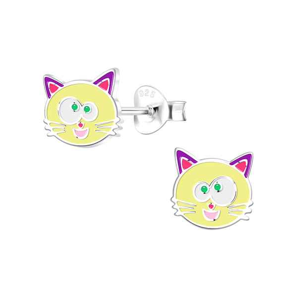 Silver Cat Stud Earrings - 10575