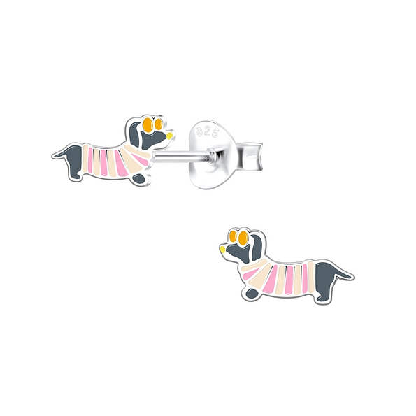 Silver Dachshund Dog Stud Earrings - 10569