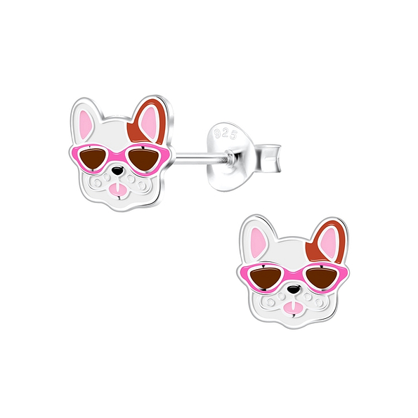 Silver French Bulldog Stud Earrings - 10572