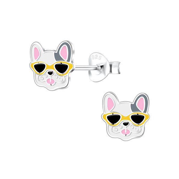 Silver French Bulldog Stud Earrings - 10573