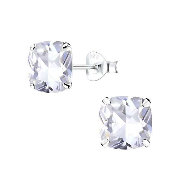 8mm Cushion Cubic Zirconia Silver Stud Earrings - 10280