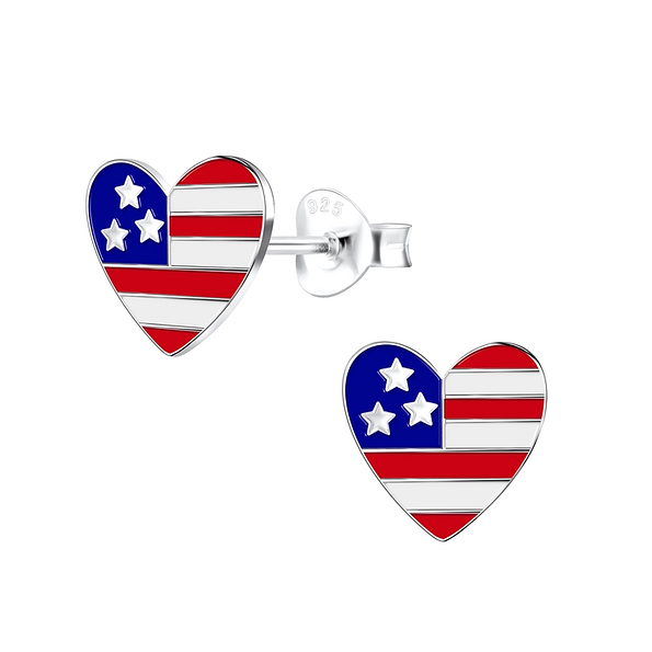Silver USA Heart Stud Earrings - 10415