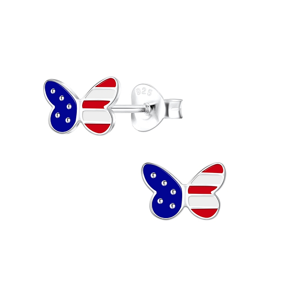 Silver USA Flag Butterfly Stud Earrings - 10217