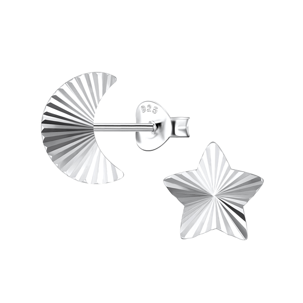 Silver Moon and Star Stud Earrings - 10276