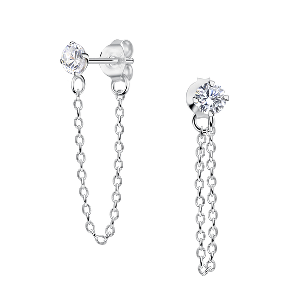 4mm Round Cubic Zirconia Silver Stud Earrings With Chain - 10278