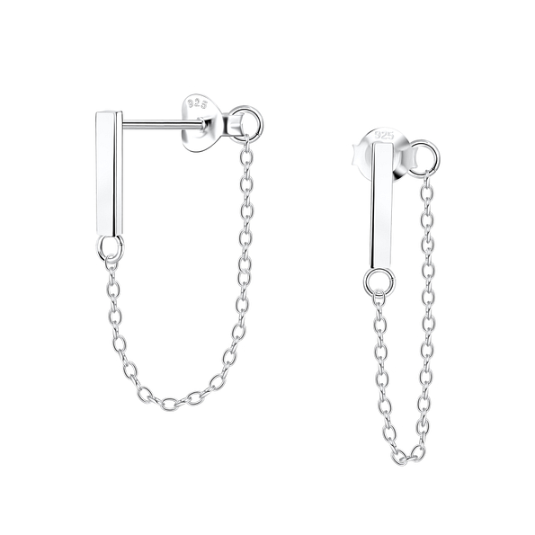 Silver Bar Stud Earrings With Chain - 10294