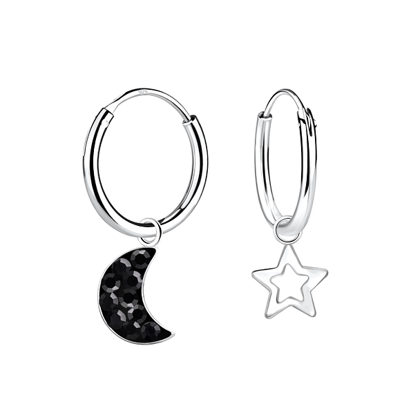 Silver Moon and Star Charm Hoop Earrings - 10223