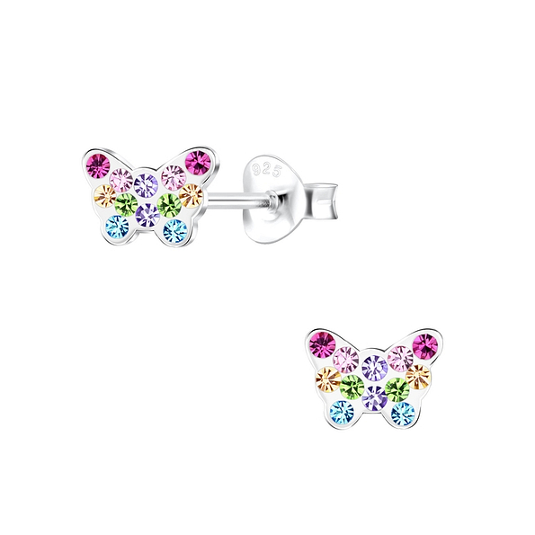 Silver Butterfly Crystal Stud Earrings - 10058