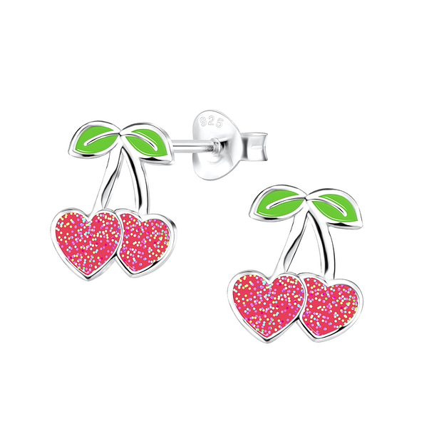 Silver Cherry Heart Stud Earrings - 11207