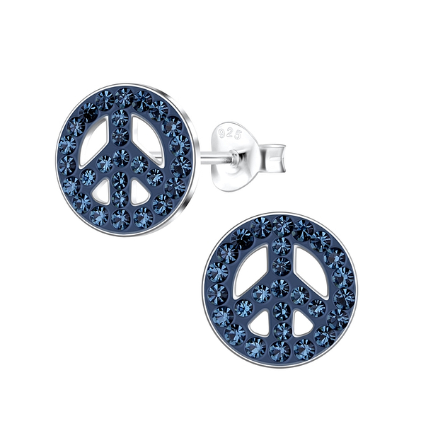 Silver Peace Sign Crystal Stud Earrings - 11222