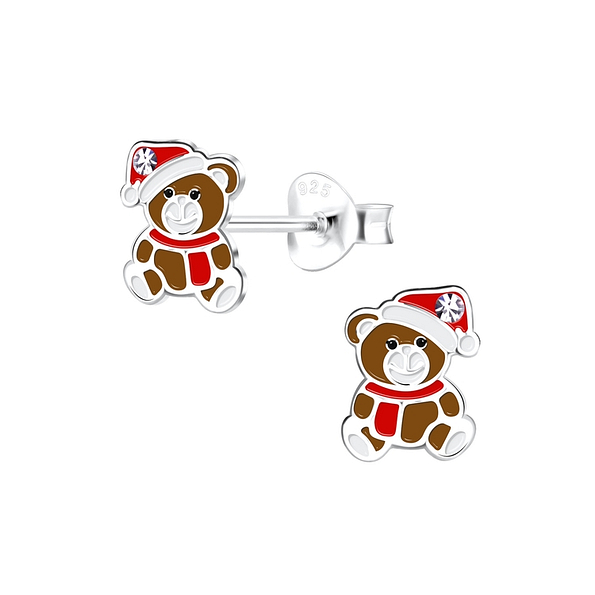 Silver Christmas Bear Stud Earrings - 13364