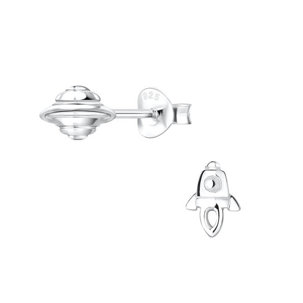 Silver Rocket and Saturn Stud Earrings - 10868