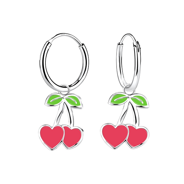 Silver Cherry Heart Charm Hoop Earrings - 11205