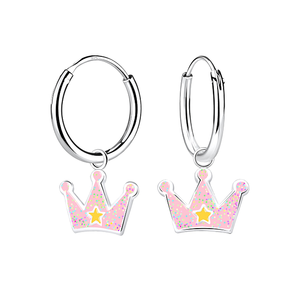 Silver Crown Charm Hoop Earrings - 12609