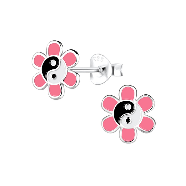 Silver Yin Yang Flower Stud Earrings - 12520