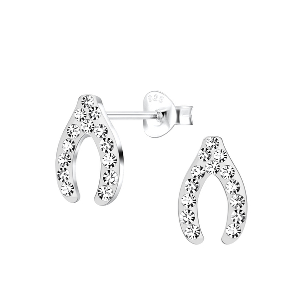 Silver Wishbone Crystal Stud Earrings - 10801