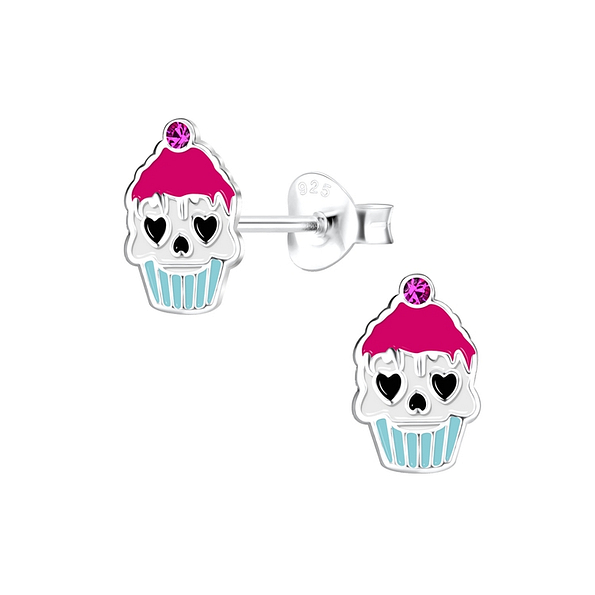 Silver Halloween Cupcake Stud Earrings - 11322