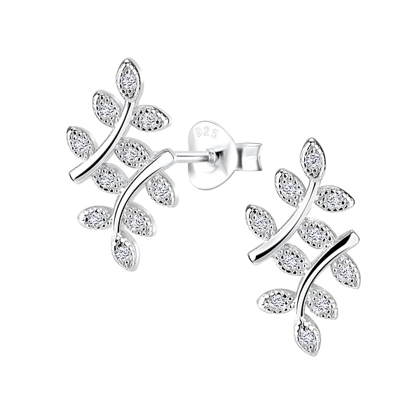 Silver Olive Leaf Stud Earrings - 12036