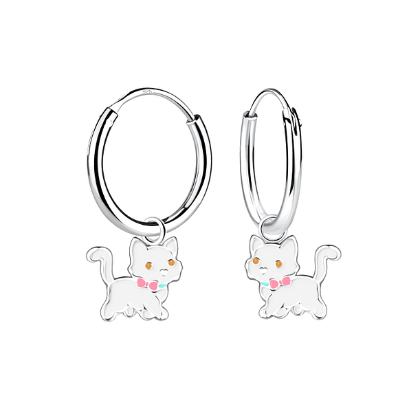 Silver Cat Charm Hoop Earrings - 12575