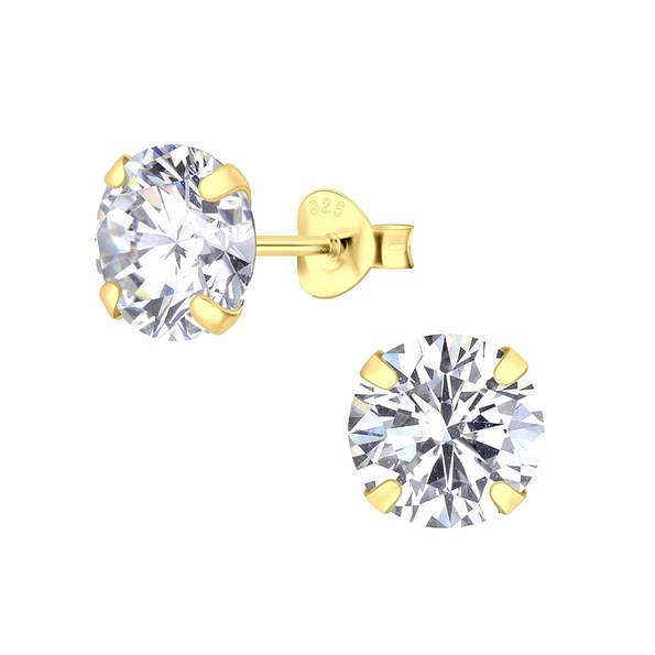 8mm Round Cubic Zirconia Silver Stud Earrings - 13745