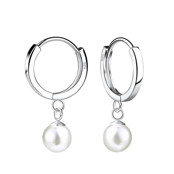 6mm Pearl Silver Huggie Earrings - 14055