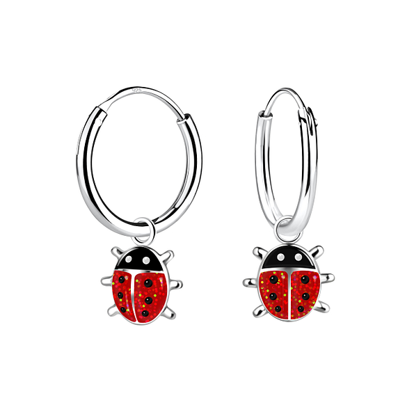 Silver Ladybug Charm Hoop Earrings - 13974