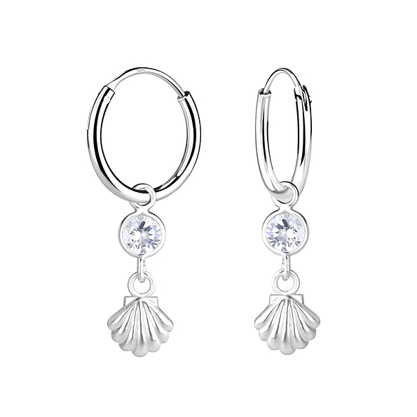 Silver Shell with Cubic Zirconia Charm Hoop Earrings - 14117
