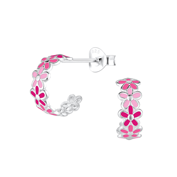 Silver Flower Half Hoop Stud Earrings - 12375