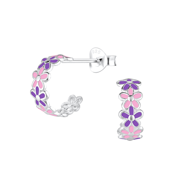 Silver Flower Half Hoop Stud Earrings - 12389