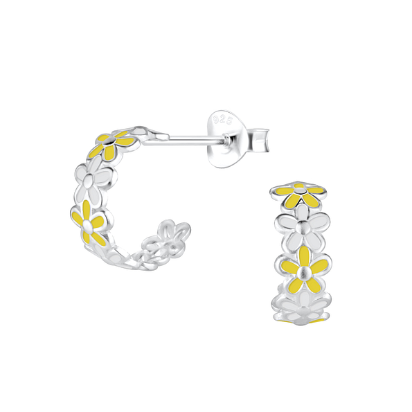 Silver Flower Half Hoop Stud Earrings - 12376