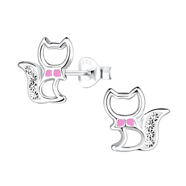 Silver Cat Stud Earrings - 14638