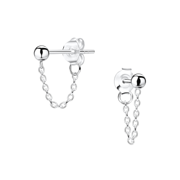 3mm Ball Silver Stud Earrings with Chain - 9565