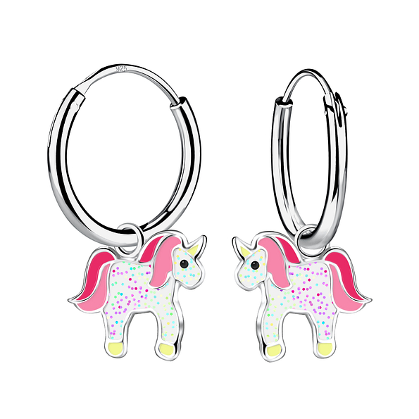 Silver Unicorn Charm Hoop Earrings - 15742