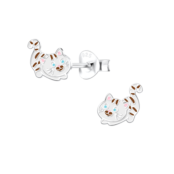Silver Cat Stud Earrings - 15681