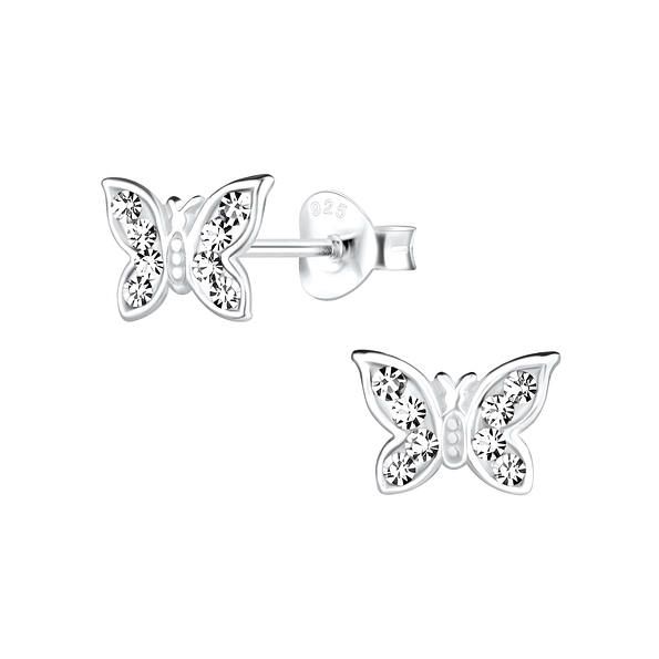 Silver Butterfly Crystal Stud Earrings - 15705