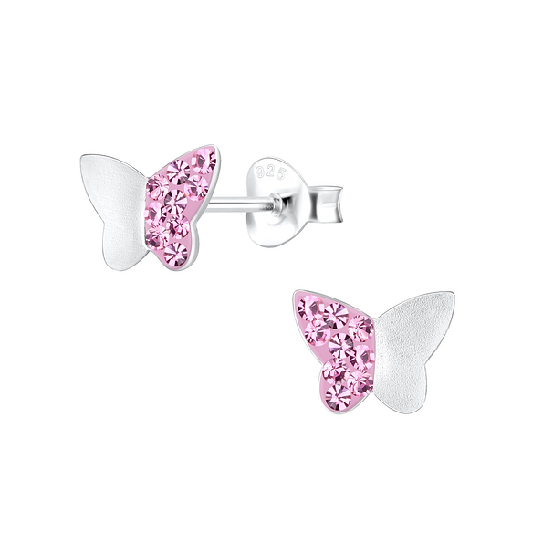 Silver Butterfly Crystal Stud Earrings - 15701
