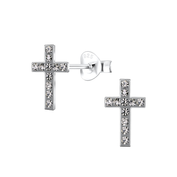 Silver Cross Crystal Stud Earrings - 15041