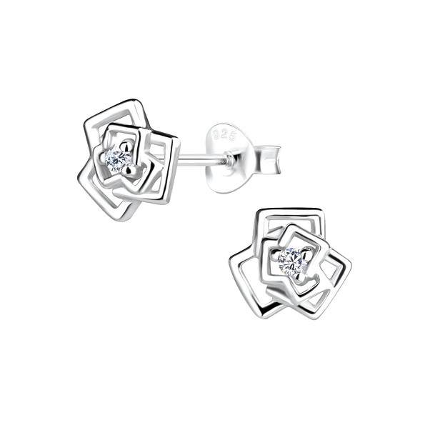Silver Rose Flower Stud Earrings - 16439