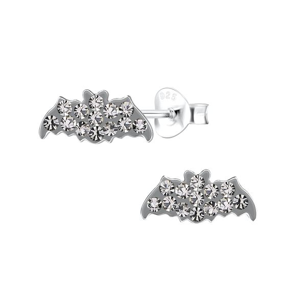 Silver Bat Crystal Stud Earrings - 13035