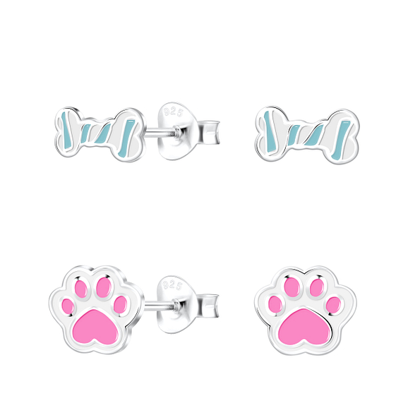 Silver Dog Lover Stud Earrings Set - 16819