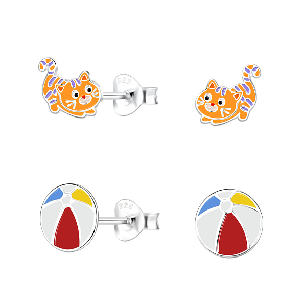 Silver Cat Stud Earrings Set - 16824