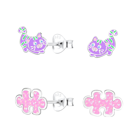 Silver Cat Stud Earrings Set - 16832