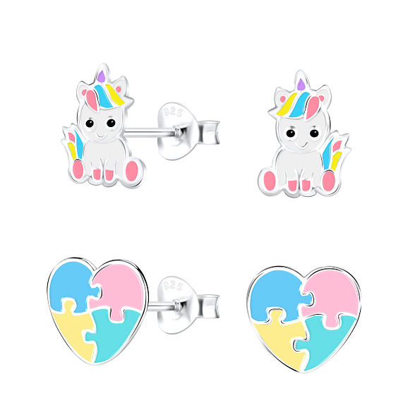Silver Unicorn Stud Earrings Set - 16833