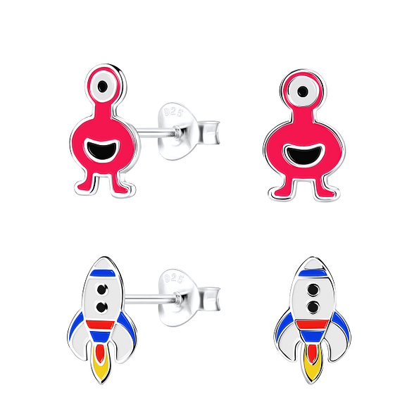 Silver Planet Stud Earrings Set - 16834