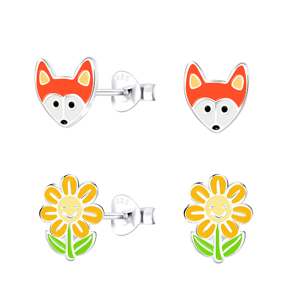 Silver Fox Stud Earrings Set - 16835