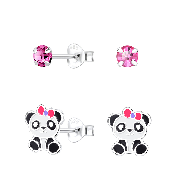 Silver Panda Stud Earrings Set - 16809
