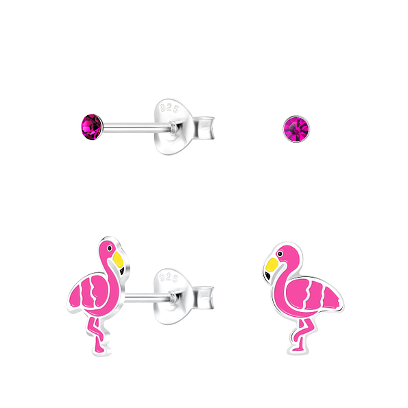 Silver Flamingo Stud Earrings Set - 16811