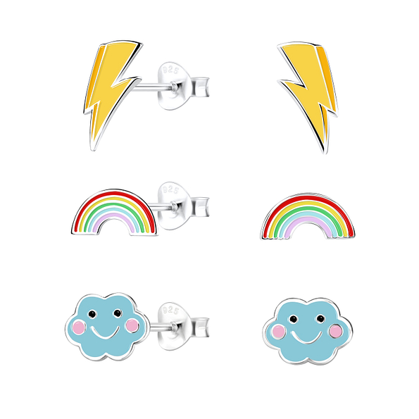 Silver Sun Rainbow and Cloud Stud Earrings Set - 16816 Silver Sun Rainbow and Cloud Stud Earrings Set - 16816