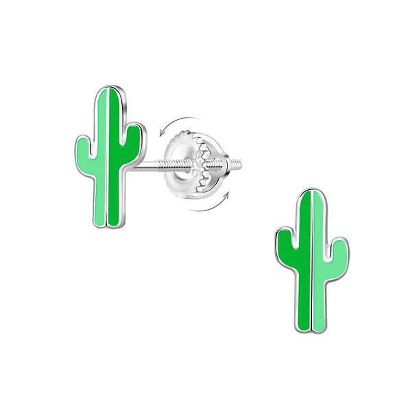 Silver Cactus Screw Back Earrings - 17387