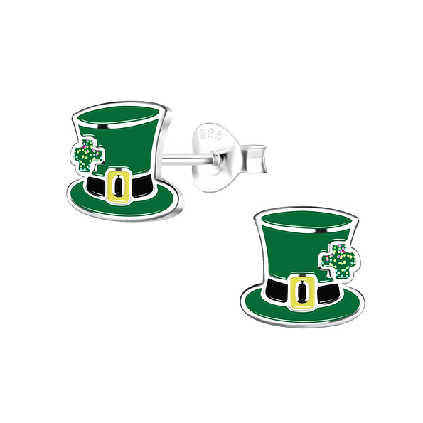 Silver Green Hat Stud Earrings - 17085